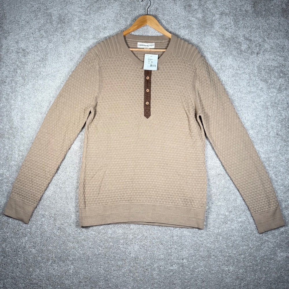 NWT Obermeyer Men's M Henley Knit Sweater Beige Textured Half Button Long Sleeve